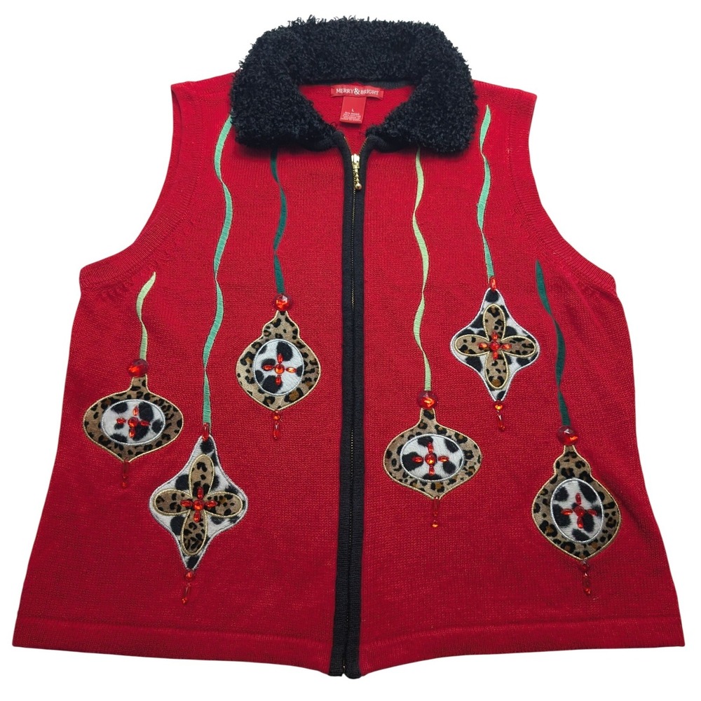Merry & Bright Christmas Sweater‎ Vest Womens Large Red Leopard Ornament